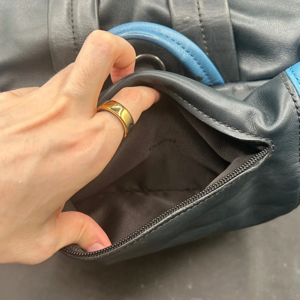Coach Manhattan Leather Backpack Black Blue Colorblock Buckle Drawstring Bag